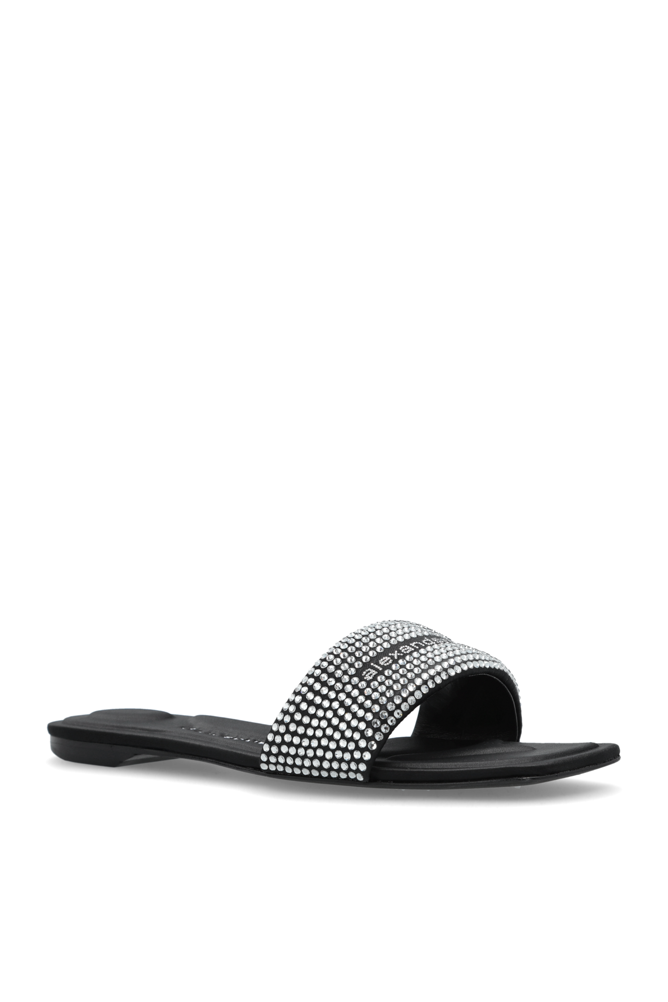 サンダル・ミュール ALEXANDER WANG SANDALS BLACK/SILVER Alexander Wang Jo Crystal Logo Slide Sandals In Silver/ Black